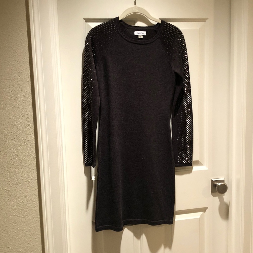 Calvin Klein Charcoal Gray Dress with Sequin Sleeves